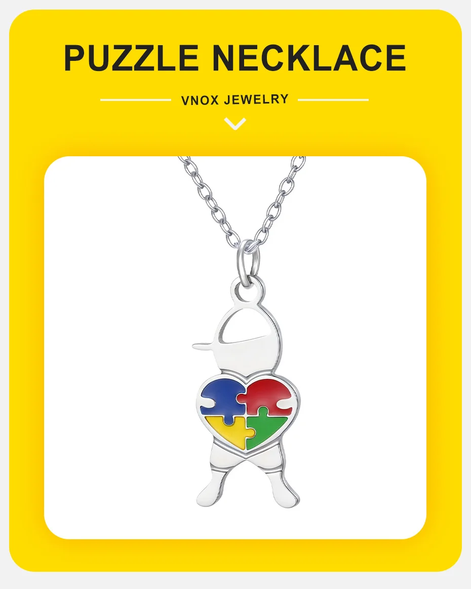 Vnox herzförmige Puzzle-Halskette aus Edelstahl, Autismus-Bewusstseins-Puzzle-Anhänger für Jungen und Mädchen, Modeschmuck-Geschenke – Detail 1