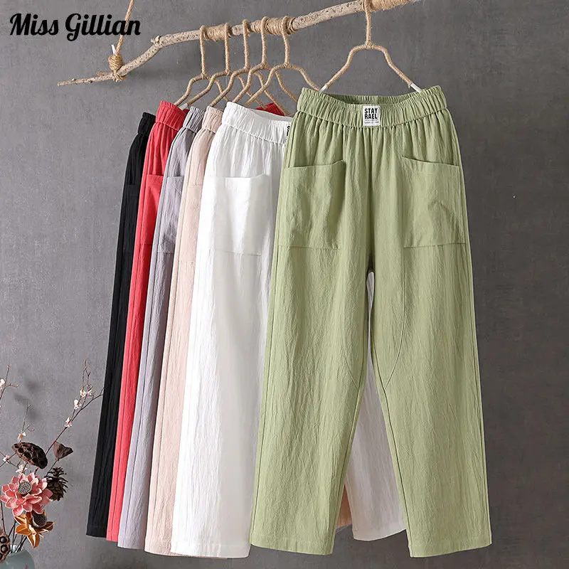 

Women Trousers 2023 Summer Harem Pants Cotton Linen Solid Elastic Waist Soft High Quality Female Clothing Basic Casual Pants