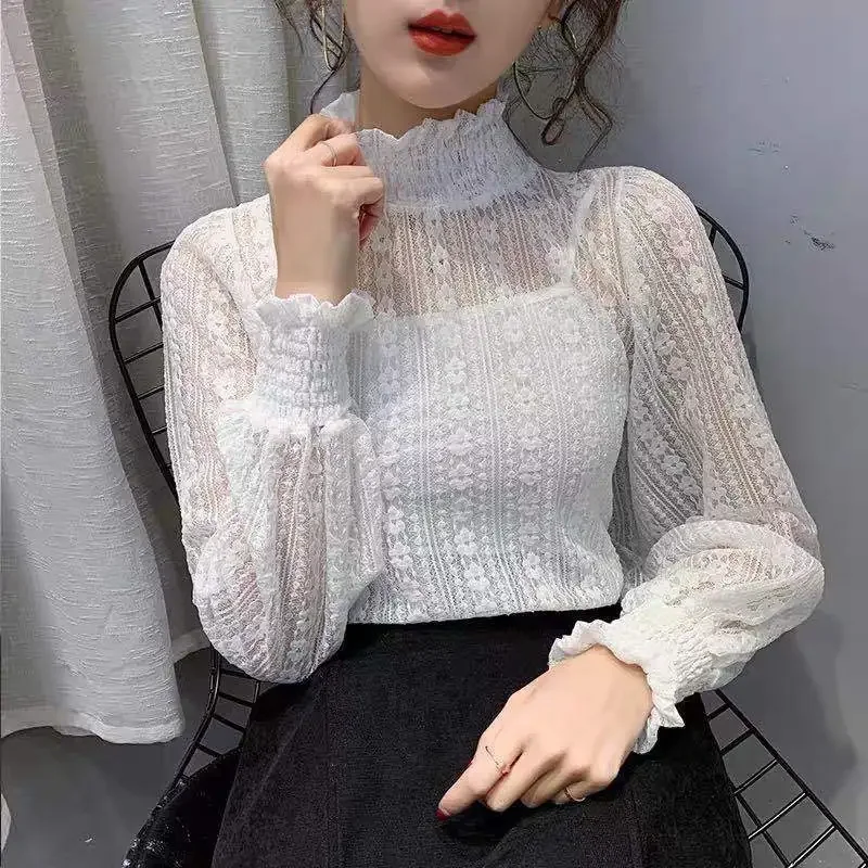 여성용 터틀넥 레이스 가을 겨울 긴 소매 메쉬 탑 블라우스 여성 Blusas Ropa De Mujer