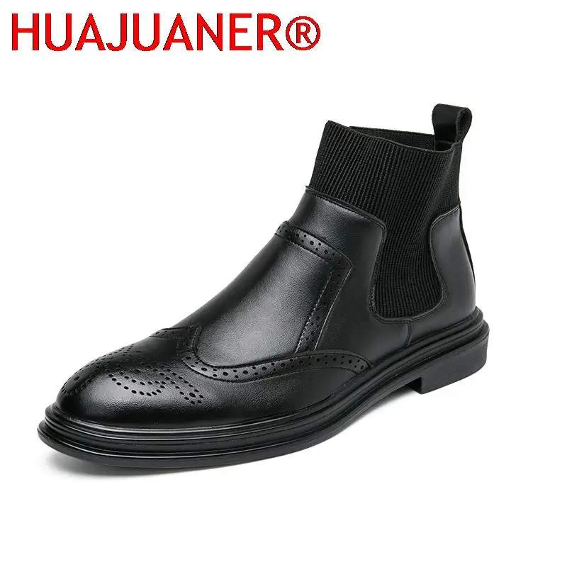 

New Italian Mens Boots Business Slip on British Ankle Boots Male Cowhide Pointy Boots Elegantes Gents Sock Leather Shoes For Men