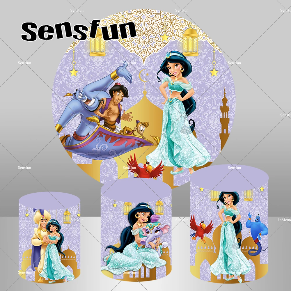 

Aladdin Princess Jasmine Round Backdrop Cover for Girls Birthday Party Background Purple Gold Castle Lamp Plinth Covers