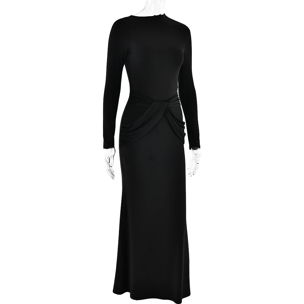 Elegant Long Sleeved Elastic Tight Long Dress Women Bodycon Pleated Evening Dress Slimming Party Club Vestido Fall