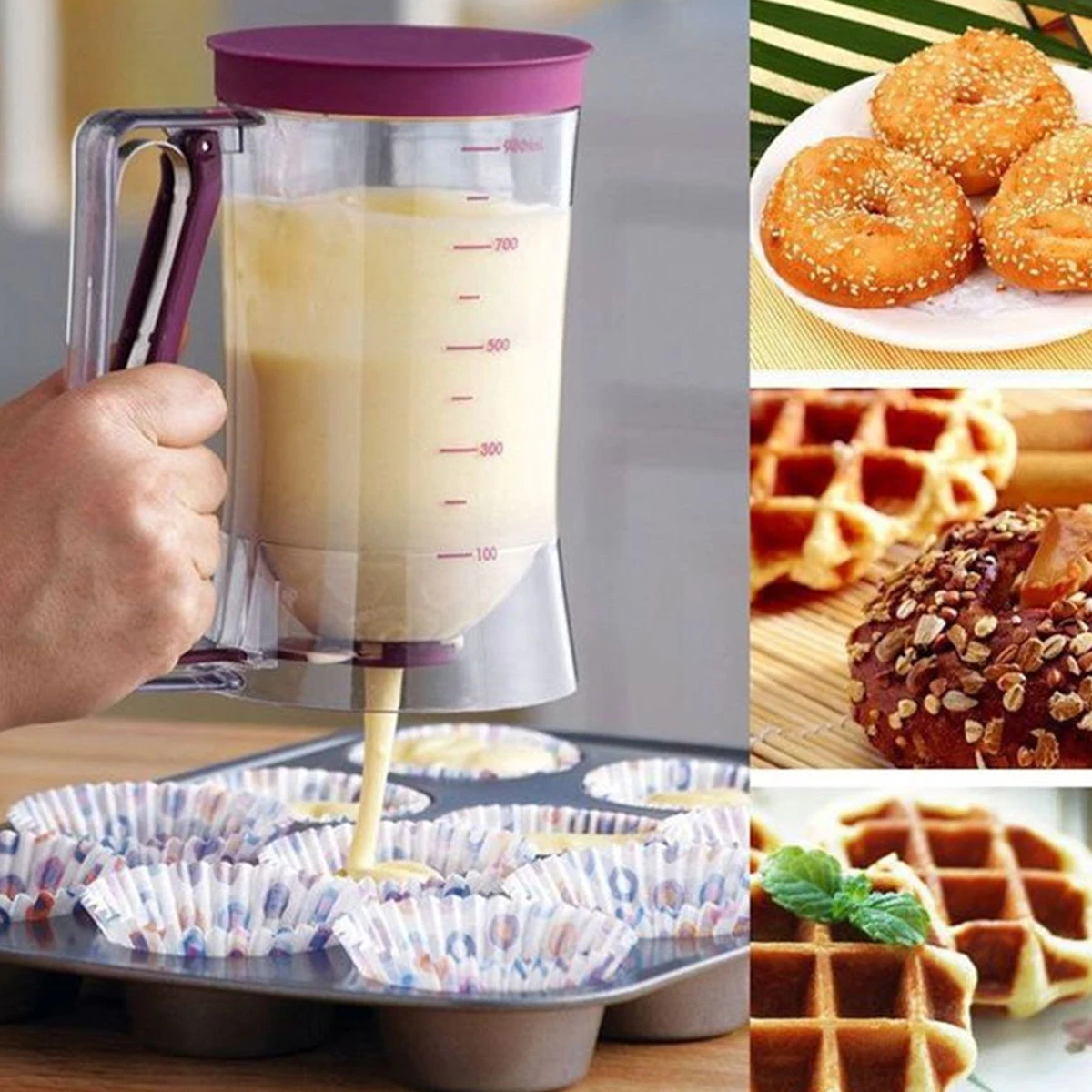 Silicone Pancake Mold 900ml Batter Separator Pancake Batter Dispenser with Squeeze Handle Bracket Handheld Cream Separator Measuring Baking Tools