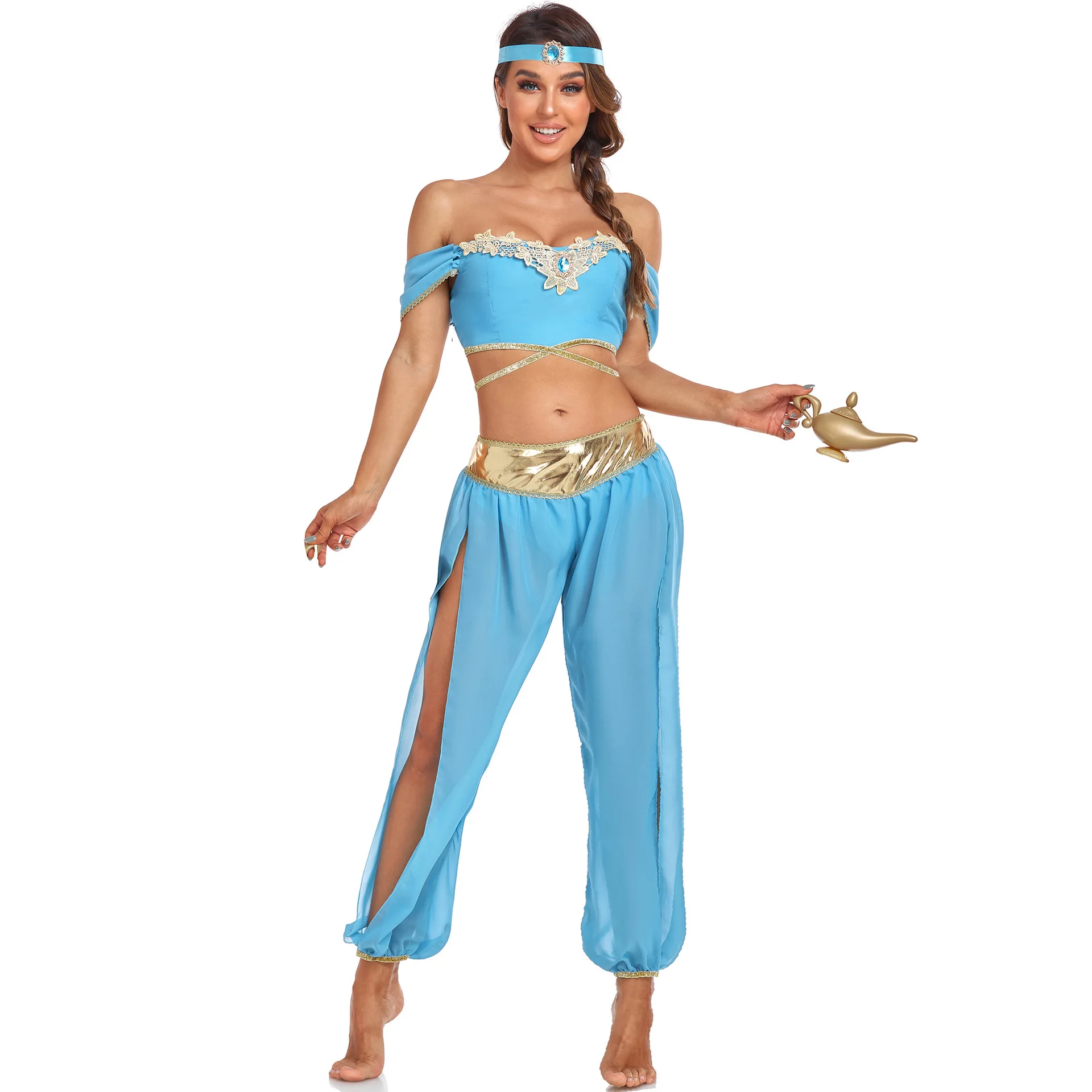 Alta Qualità Magic Princess Jasmine Cosplay Sexy Top Pantscostume Blue Halloween Woman
