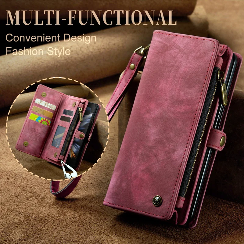 2 in 1 Detachable Magnetic Phone Case for Samsung Galaxy Z FOLD 4 Card Slots Zipper Wallet Case Support Wireless Charging