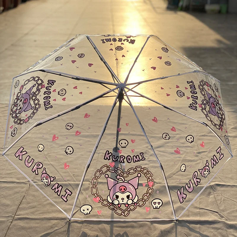 

Cartoon Kuromi Transparent Plastic Umbrella Fully Automatic Umbrella Cute Folding Student Thickened High Appearance Umbrella