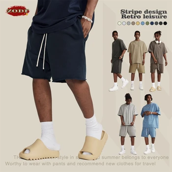 ZODF New Summer Men Retro Washed Shorts Unisex Drawstring Loose Edge 420gsm Solid Knee Length Cotton Pants Streetwears HY0589 1