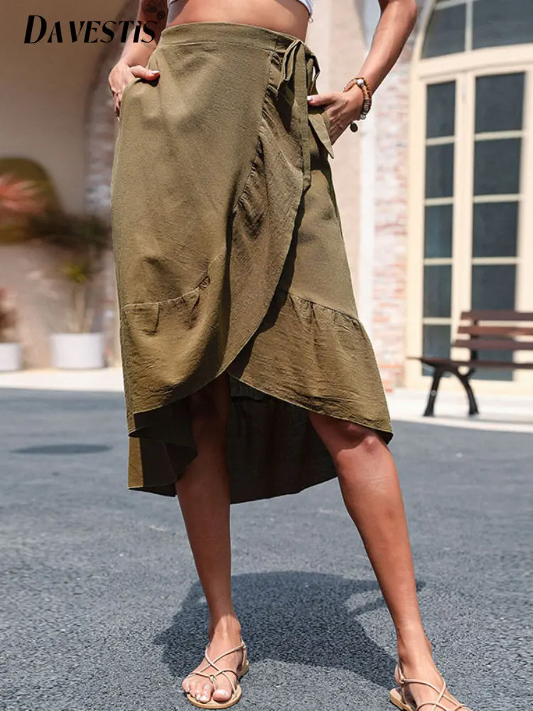 

2023 Summer Cotton Linen Fashion Wrap Mid Length Skirt for Women's Casual Irregular Ruffle Skirt Ladies Loose Solid Color Skirt