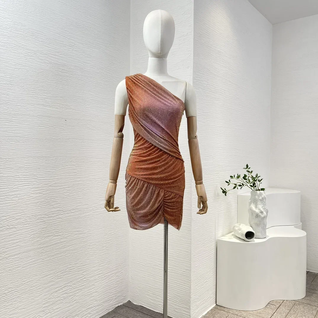 

2024 New Spring Summer Orange Sloping Shoulders Diamonds Pressed Pleat Mini Dress for Women