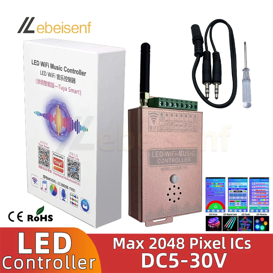 

Tuya LC2000B-TY01 Magic Color WiFi Music Controller Mobile Smart APP Sync Control LED RGB WS2811 Strip Light 5-30V DC 2048 Pxels