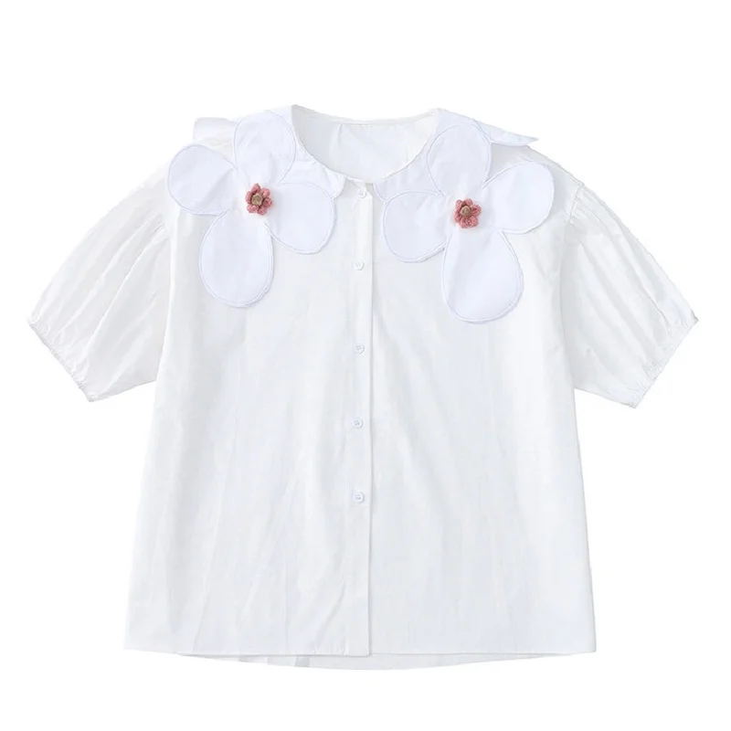 Verão Coreano Moda Camisa Branca Mulheres Floral Peter Pan Collar Blusa Botão Vintage para Baixo Sopro Manga Curta Oversize Pink Tops 1 Online shopping