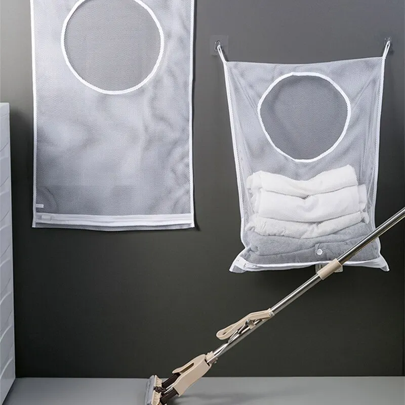 Hanging Storage Organizer Hanging Storage Bag Wall Mounted Organizer Dirty Clothes Storage Bag Basket Frame Bucket Foldable Mesh Laundry Bathroom Wall Hanging Household Clothing Organizer With Hook