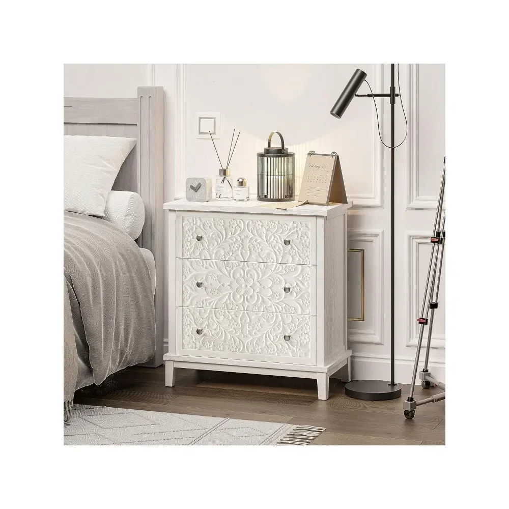 3-Drawer Fully-Assembled Flower Motif Dresser, Nightstand for French Country, Farmhouse，Modern, Rustic Style 5