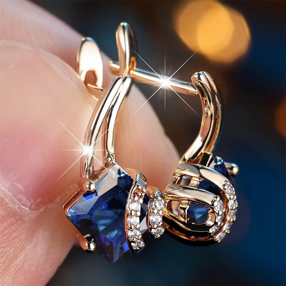 Square Stone Charm Blue Crystal Geometric Hoop Earrings For Women Vintage Gold Color Ear Buckle Wedding Jewelry Engagement Gifts