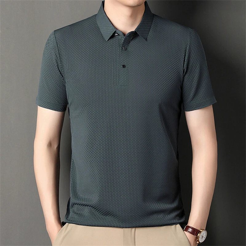 Herren Knitterfreies Poloshirt Kurzarm Eisseide Kühlend Schnelltrocknend Feuchtigkeitsableitend für Heißes Wetter Geschäftsreisen – Detail 15