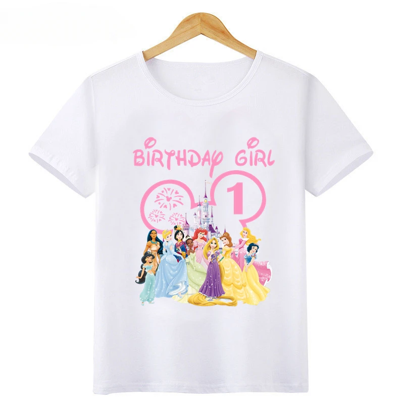 2024 New Disney Princess Graphic Birthday Girl Kids T Shirt Age 1 2 3 4 5 6 7 8 9 Years Girls Clothes Party Kawaii Baby T-Shirts 6