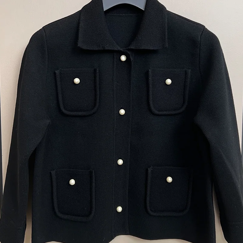 

2023 New Women 100% Cashmere Knitted Cardigan Fashion Pearl Buckles 4 Pockets Lapel Long Sleeve Single Breasted Sweater Chic Top