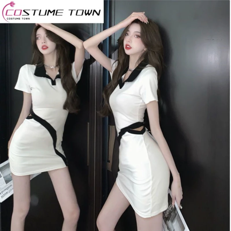 

Spicy Girls Out of the Street Color Contrast Polo Neck Dress Summer New Pure Sexy Splice Cutout Wrap Hip Skirt Short Dress Trend