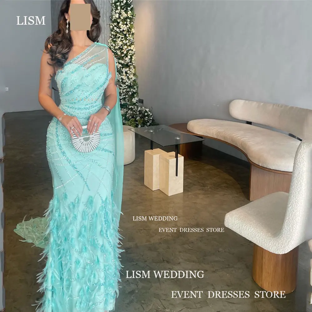 

LISM Elegent Shiny Pearls Feathers Formal Evening Dress One Shoulder Mermaid Prom Gown With Long Shawl Sexy Women 2024