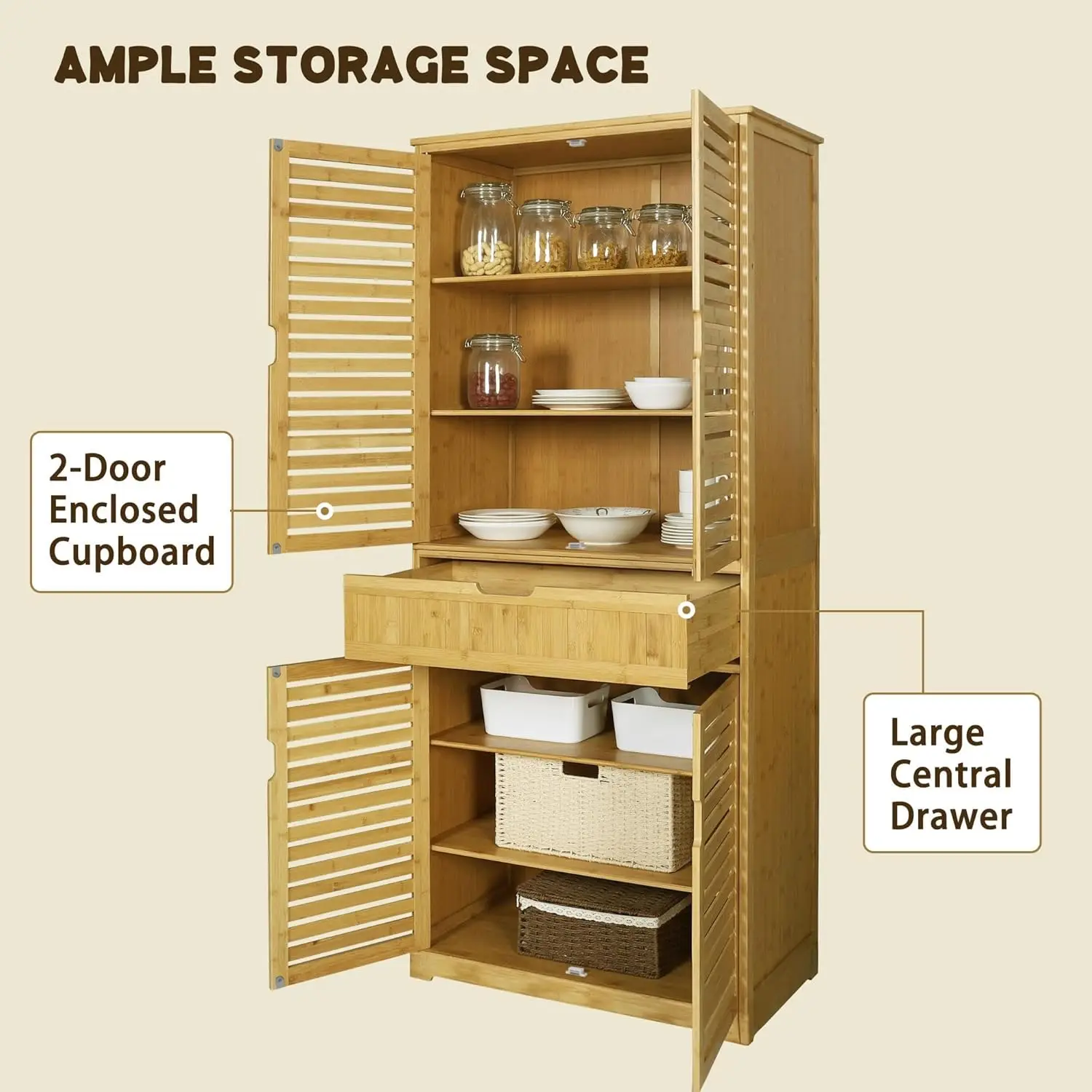 MUPATER Kitchen Pantry Storage Cabinet Microwave Hutch, 72'' Freestanding Bamboo Hutch Cabinet Buffet Cupboard Tall with Drawer