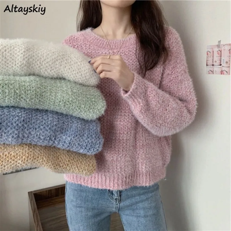 

6 Colors Pullovers Women Gentle Simple O-neck Knitting Sweet Cozy Harajuku Tender Casual Students Autumn Ulzzang Soft Aesthetic