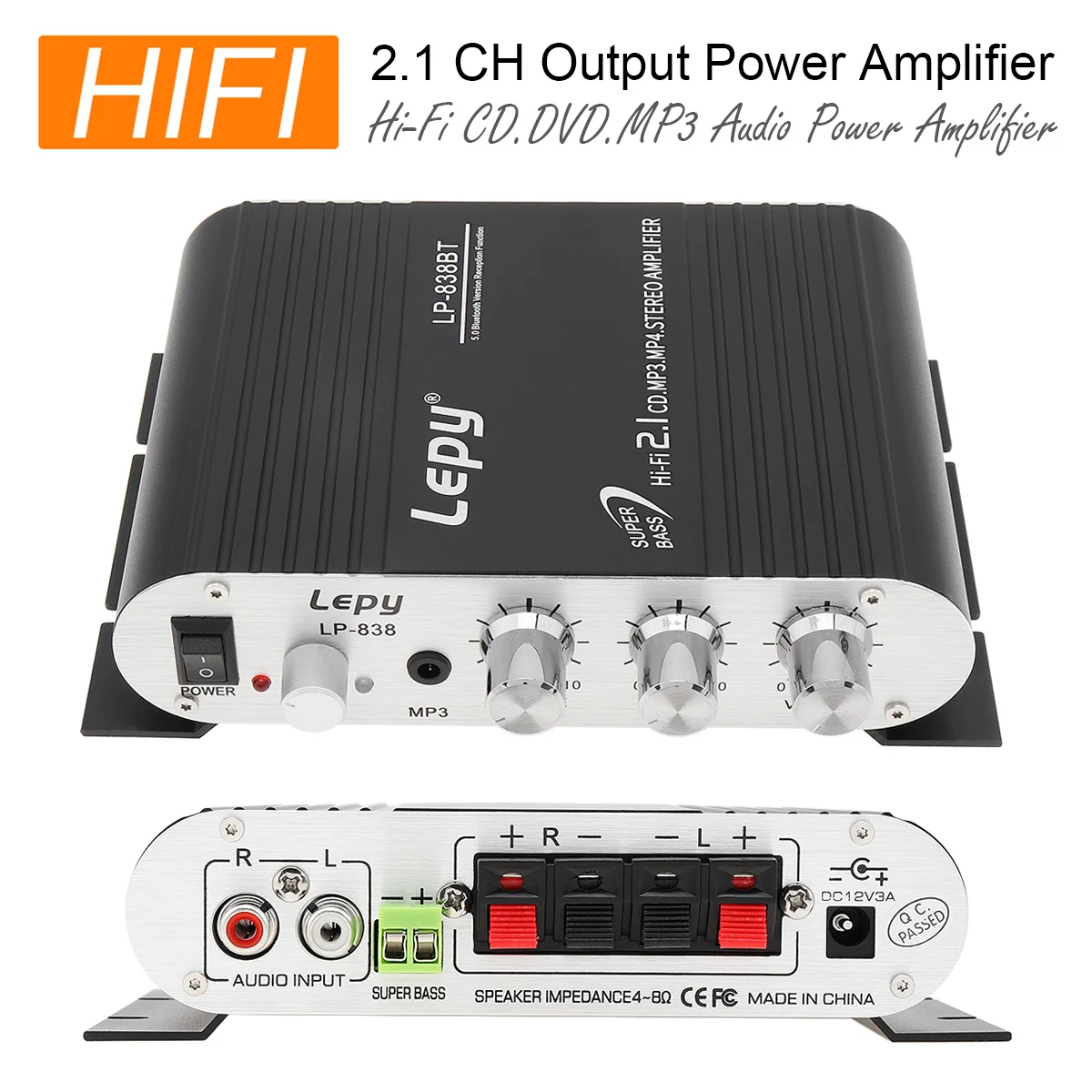 838BT Remote Control Bluetooth 2.1CH HI-FI Car Audio Power Suoofer Amplifier FM Radio Player Support SD / USB / DVD MP3