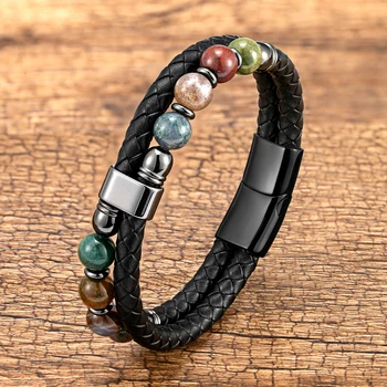 YAN MIN 자연 라운드 타이거 아이 스톤 팔찌 남자 여자 스테인레스 스틸 마그네틱 쥬얼리 액세서리 남성 선물