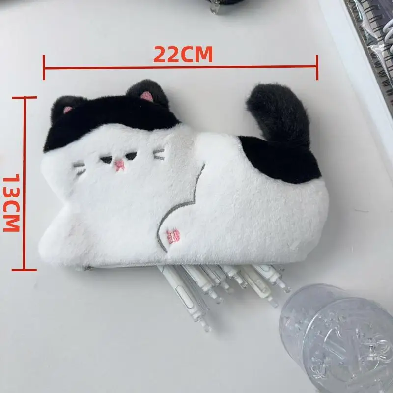 귀여운 고양이 모양의 부드러운 촉감의 가벼운 대용량 문구 수납 펜 케이스, 다용도 수납 가능