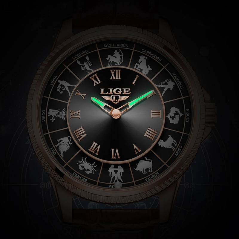 LIGE Creative Watch For Men Fashion 12 Constellation Waterproof Watches Men Casual Business Leather Luminous Quartz Wristwatch