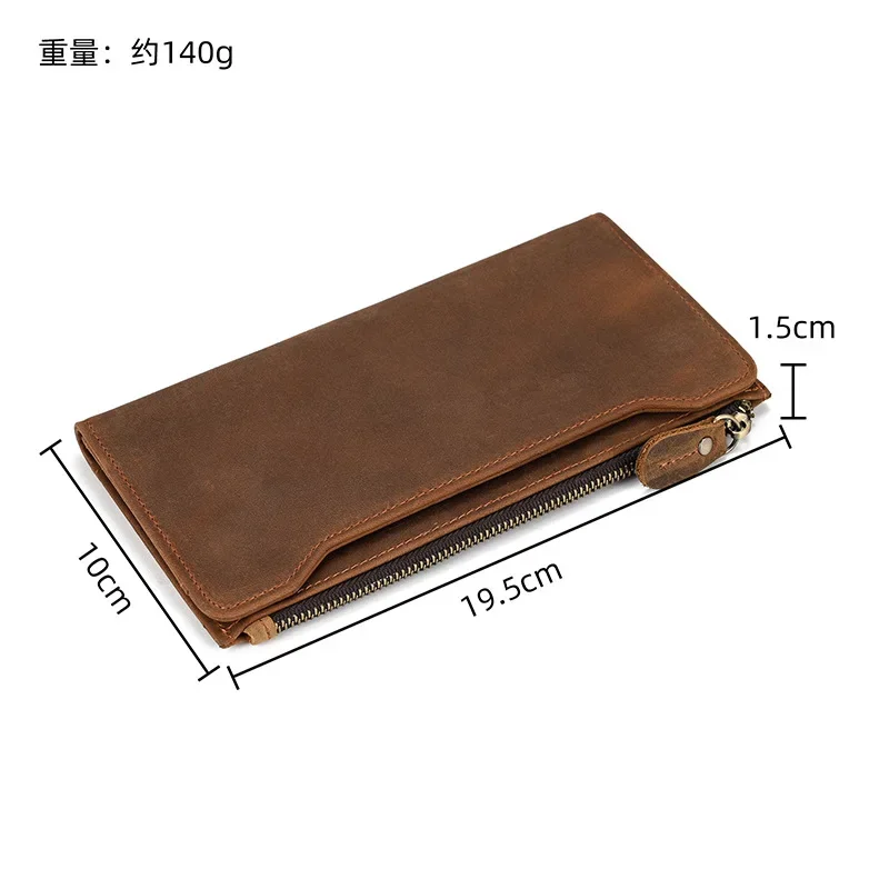 Fashionable Crazy Horse Leather Men's Long Wallet with Multifunctional Card Slots and Zipper Pocket