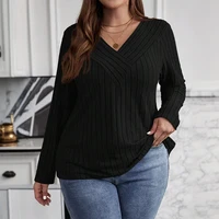 Plus Size Women's Solid Knit Ribbed Long Sleeve V-Neck Tunic Tops Spring Autumn Ladies Casual Pullover Blouse T Shirts 1XL-5XL