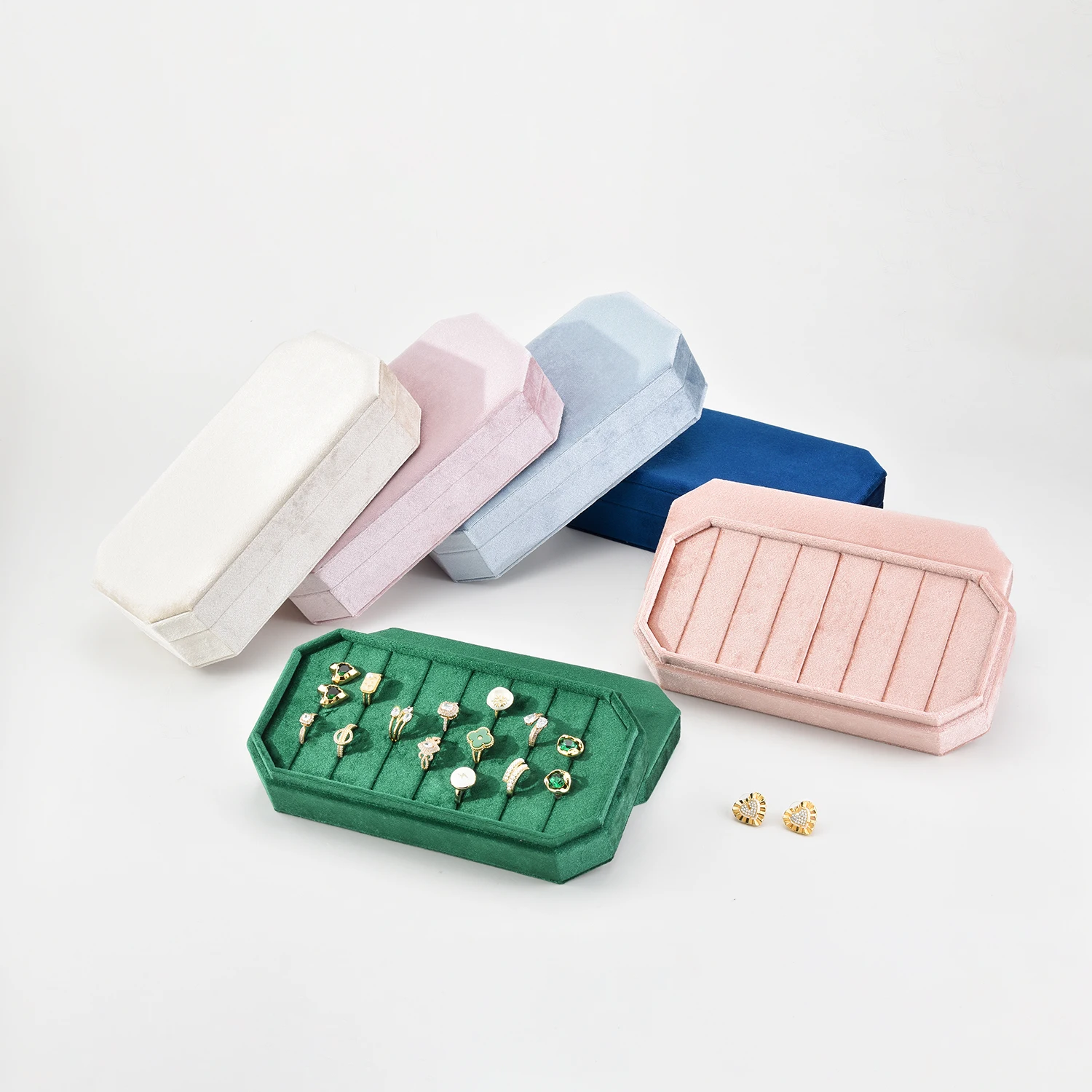 Velvet Rings Holder with Lid Jewelry Storage Container Finger Rings Stand Rings Box Suede Custom Logo Jewelry Tray