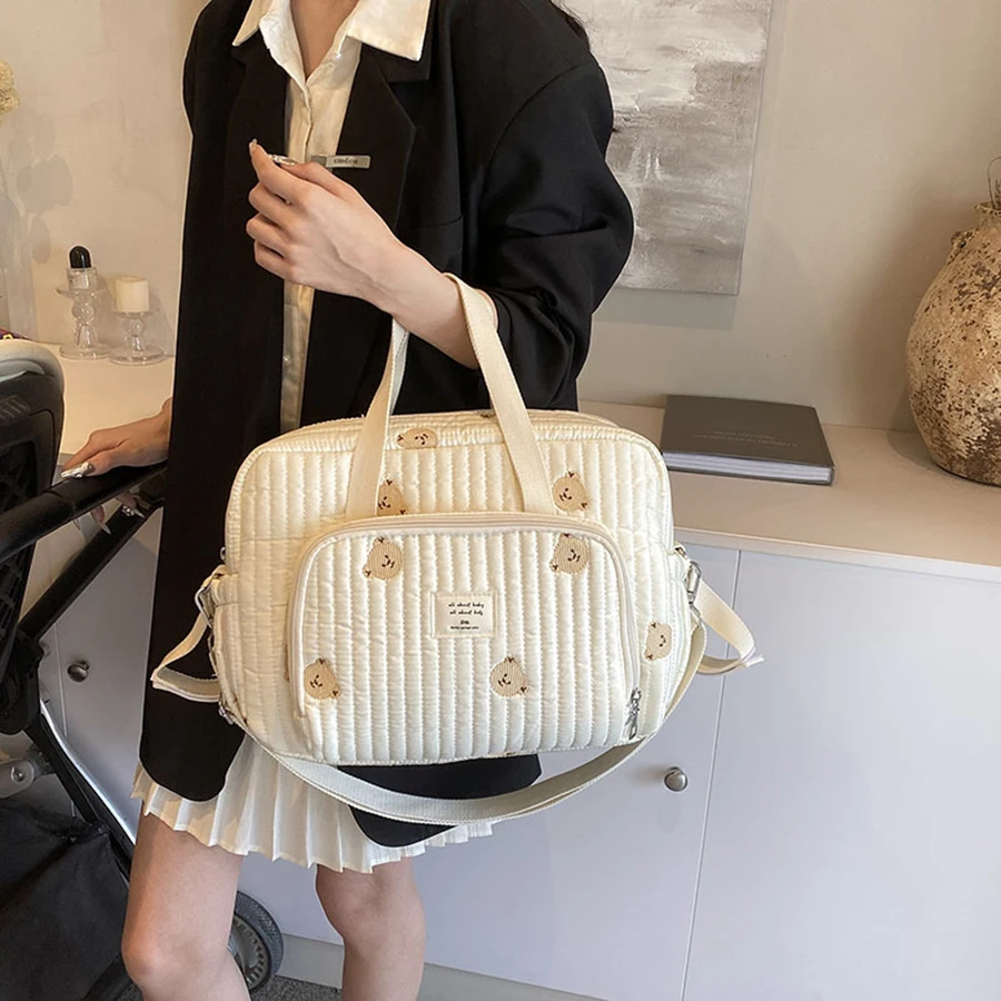 Cute Bear Flower Embroidery Pattern Baby Beige Cotton Fabric Zipper Diaper Handbag New Luggage Bag 2