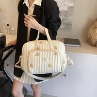 Cute Bear Flower Embroidery Pattern Baby Beige Cotton Fabric Zipper Diaper Handbag New Luggage Bag 2