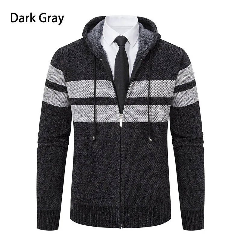 

Autumn / Winter Men's New Coat Business Casual Zipper Coat Plus Cashmere Knit Cardigan Stylish Striped Hooded Knit Coat for Men