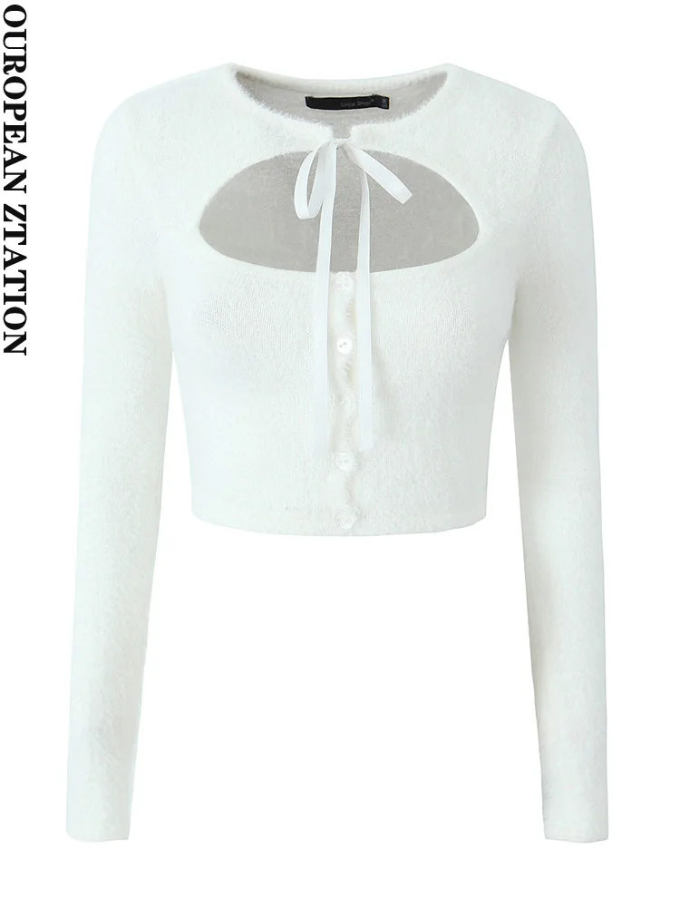 

PAILETE Women 2023 fashion with tie hollow out knit cardigan sweater vintage o neck long sleeve female outerwear chic tops