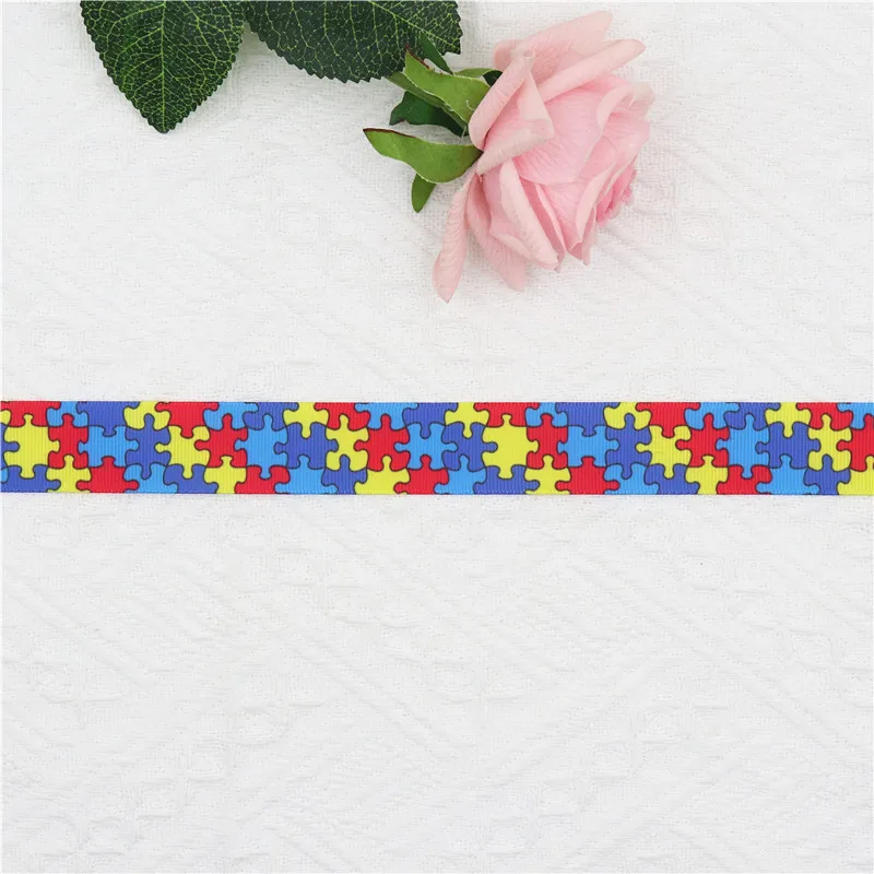 25MM World Autistic Children's Day 3/8'' (9MM) Puzzle Sports Printed Grosgrain Ribbons Cartoon Ribbon 10 Yards WQ14050815