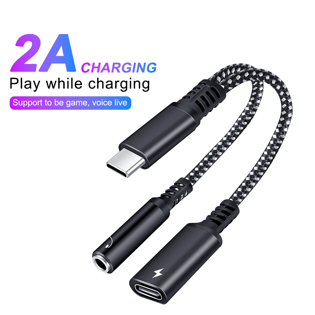 2 In 1 USB To 3.5mm Headphone Jack Adapter Type C Charge Audio Aux