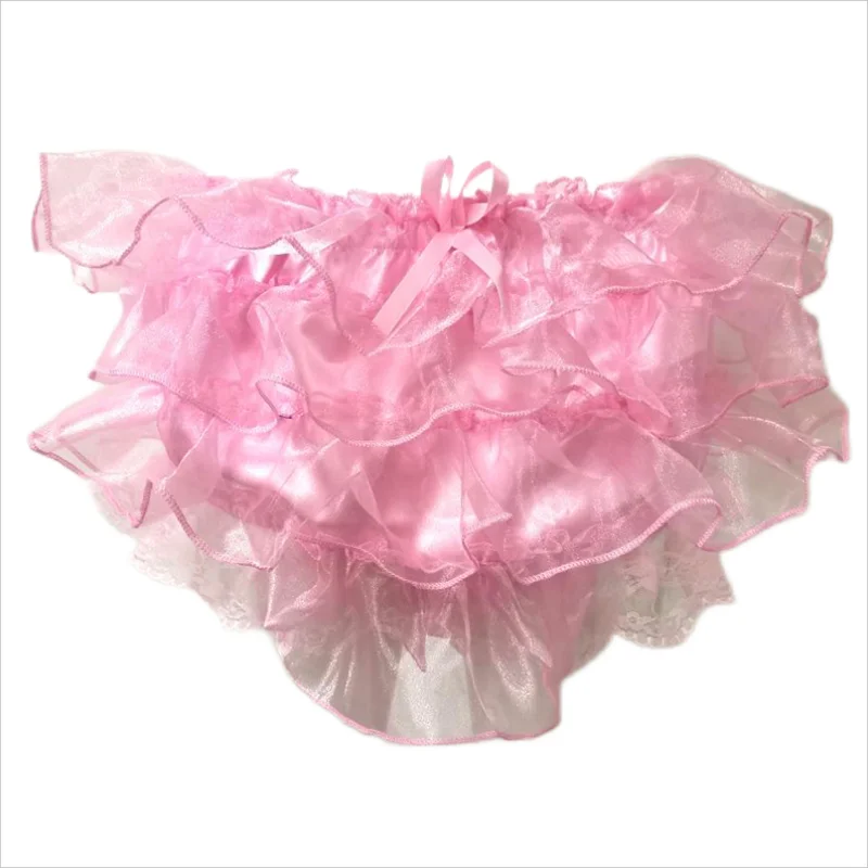 

French Sexy Adult Customized Fetishist Crossdressing Sissy Bow Ribbon Pink Satin Spliced Tulle Fluffy Shorts