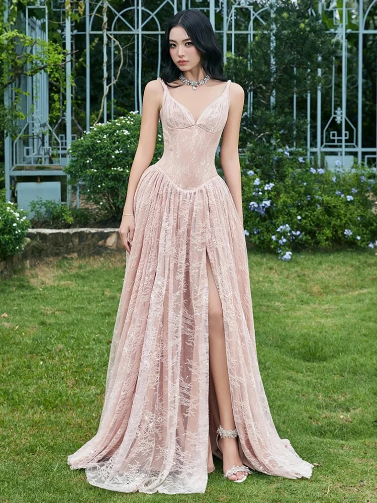 Nibber Chic Gown Dress Women Strap Jacquard Patchwork Valentine's Day Sweet Princess Elegant Birthday Party Slim Slit Vestidos