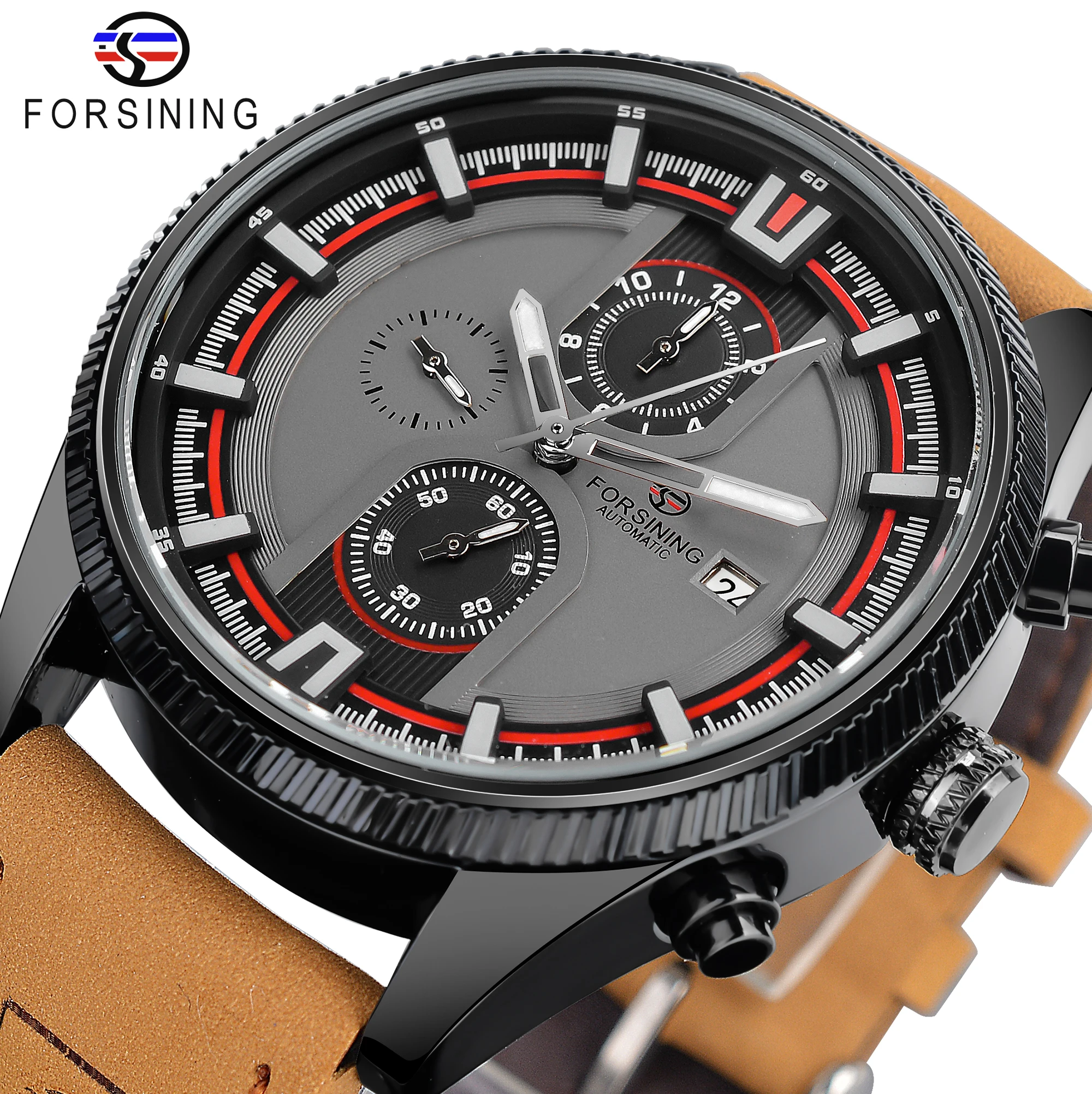 

Forsining Watches Man Military Style3 dial Clock Calendar Genuine Leather Automatic Mechanical Watch Classic Outdoor Wristwatch