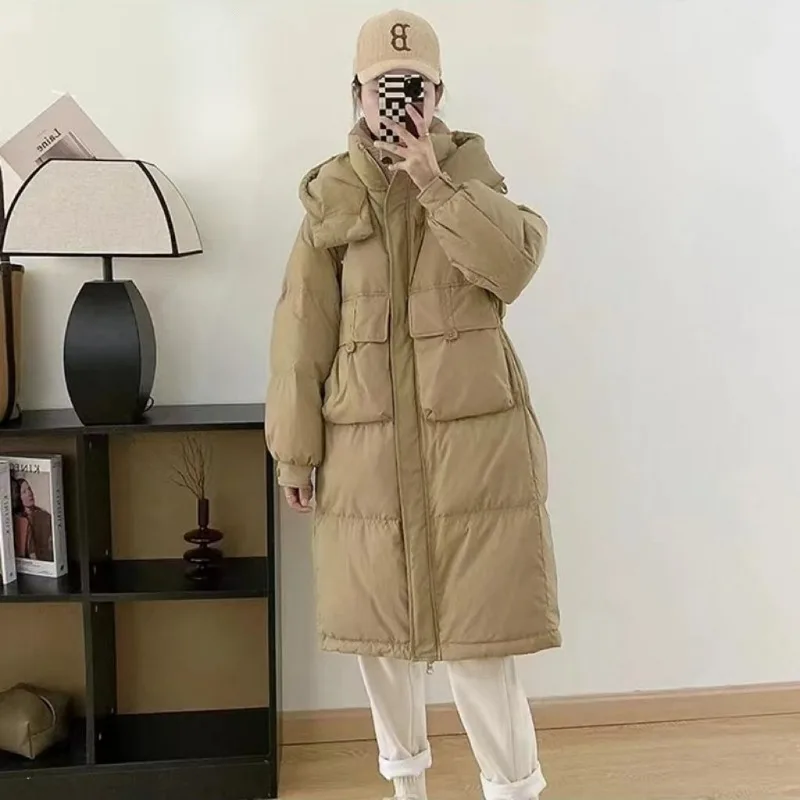 2023 New Women Down Jacket Winter Coat Female Mid Length Version Parkas Loose Warm Thick Outwear Hooded Solid Color Overcoat