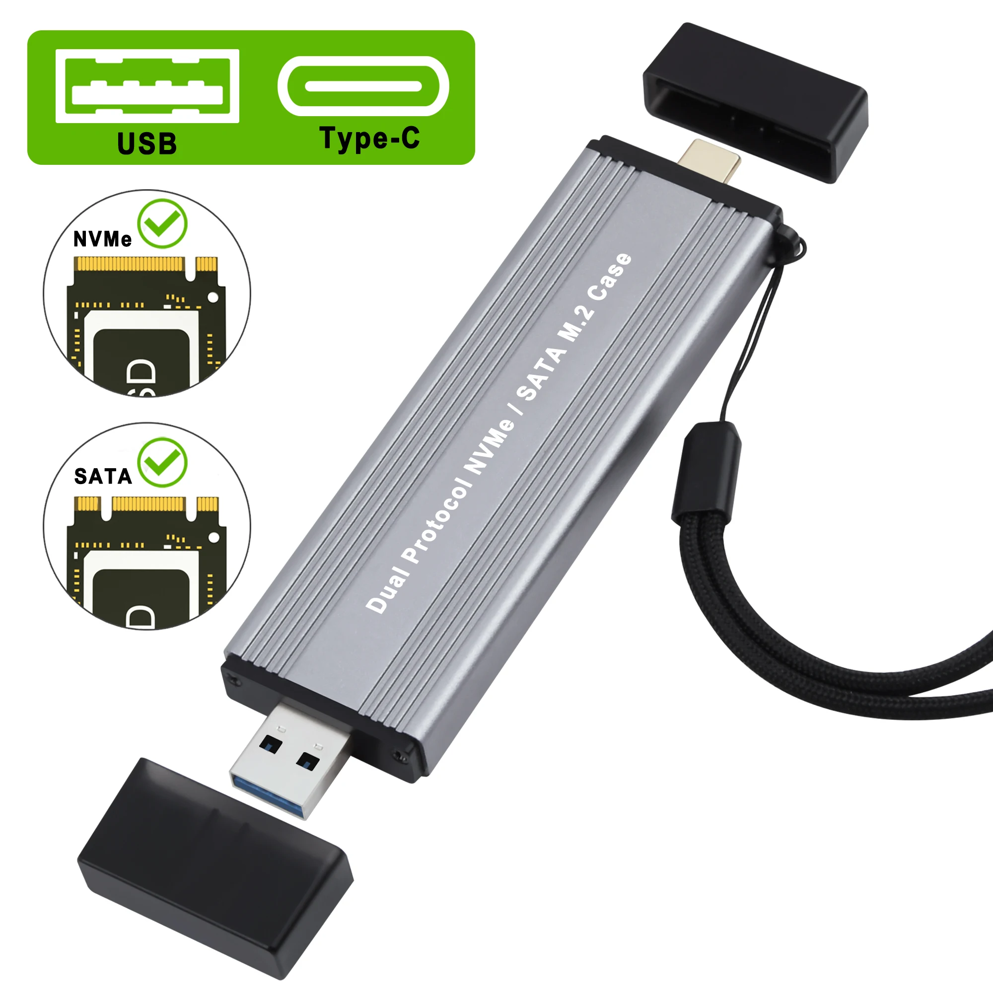 M2 SSD Case Dual Protocols SSD Case USB3.0/Type-C to M.2 NVME NGFF SATA Enclosure Adapter USB3.1 Gen2 USB C External Box