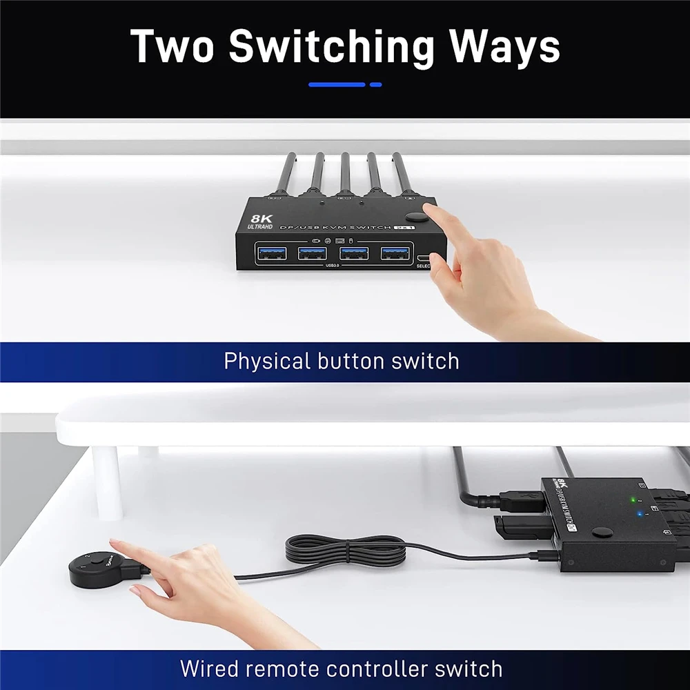 4K 240Hz DisplayPort KVM Switch 2 Port 8K 60Hz DP Video USB Switcher for 2 Deskt