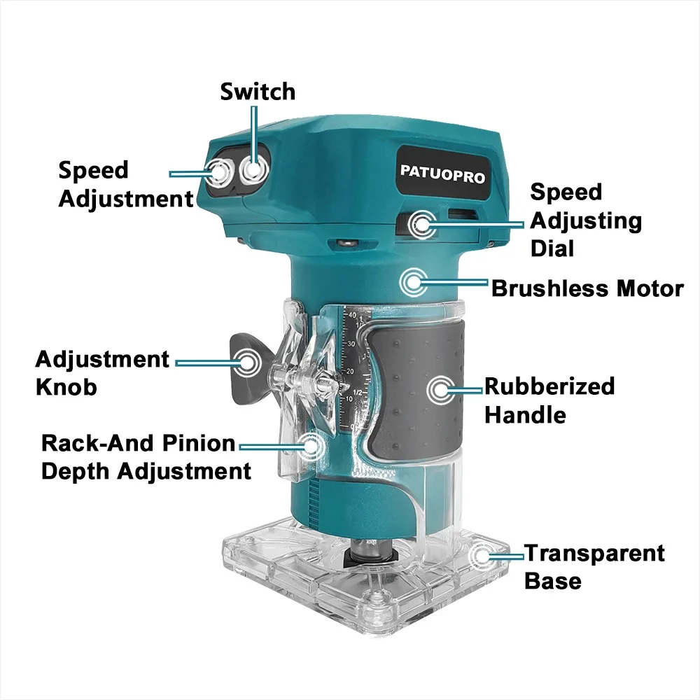 PATUOPRO 브러시리스 전기 트리머 무선 조각 기계 Makita 18V 배터리 용 5 속도 목공 트리밍 전동 공구