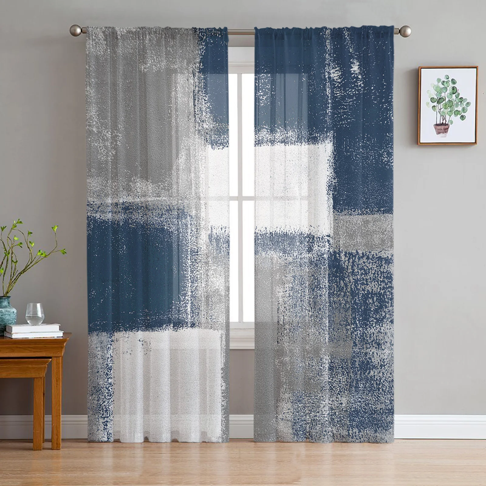 

Oil Painting Abstract Geometric Blue Tulle Curtains Living Room Kitchen Decoration Chiffon Window Treatments Voile Sheer Curtain