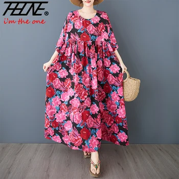 THHONE Summer Plus Size Robe Bohemian Print Long Dress for Women Floral Casual Loose Vintage Vestidos Para Mujer Oversiz Dresses