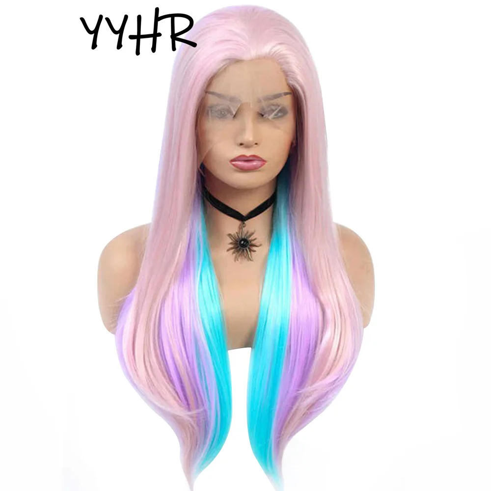 

Парик женский с прямыми кружевами, Длинный натуральный прямой из синтетических волос синего, фиолетового, розового цветов, для косплея