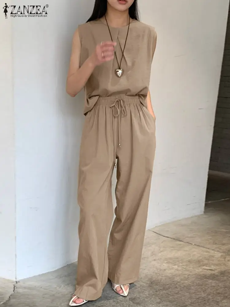 

2023 ZANZEA Woman Casual Matching Sets Sleeveless O-Neck Tank Tops Long Pants Summer Elegant OL Tracksuits Fashion Solid Suit
