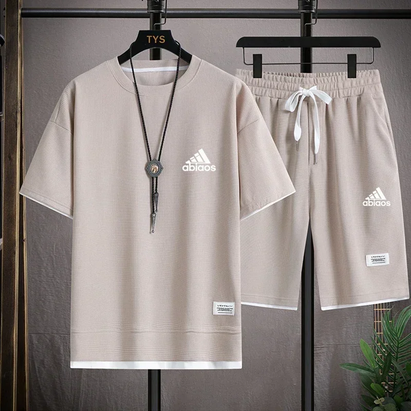 2024 Fashion Summer Men's short-sleeved casual T-shirt + Sports Shorts Breathable and comfortable Waffle two-piece jogging suit